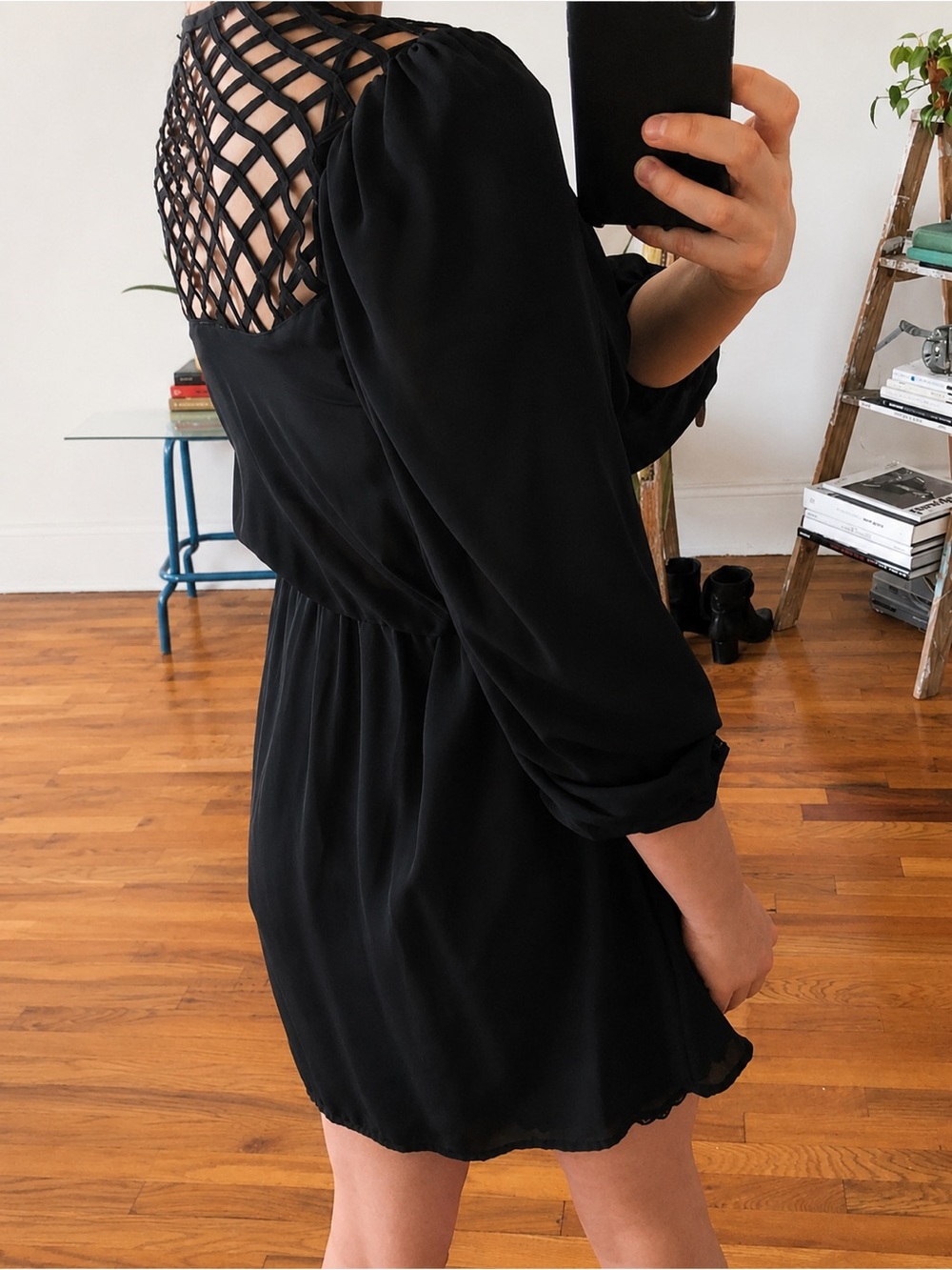 Vintage Black Sheer V Neck Backless Mini Dress Caged Style Lattice Open Back S - Picture 14 of 16